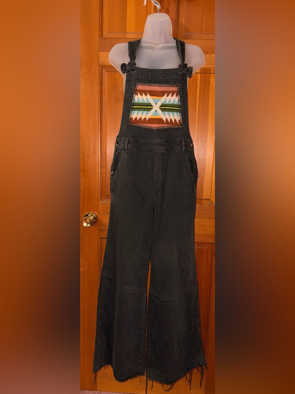 Black Denim Overalls with Pendleton Wool accent front pocket - Women